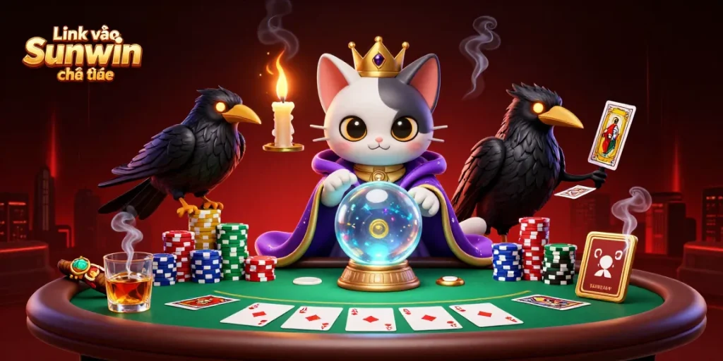 Engage in the excitement of Link vào Sunwin chính thức with a vibrant scene featuring poker elements and mystical characters.