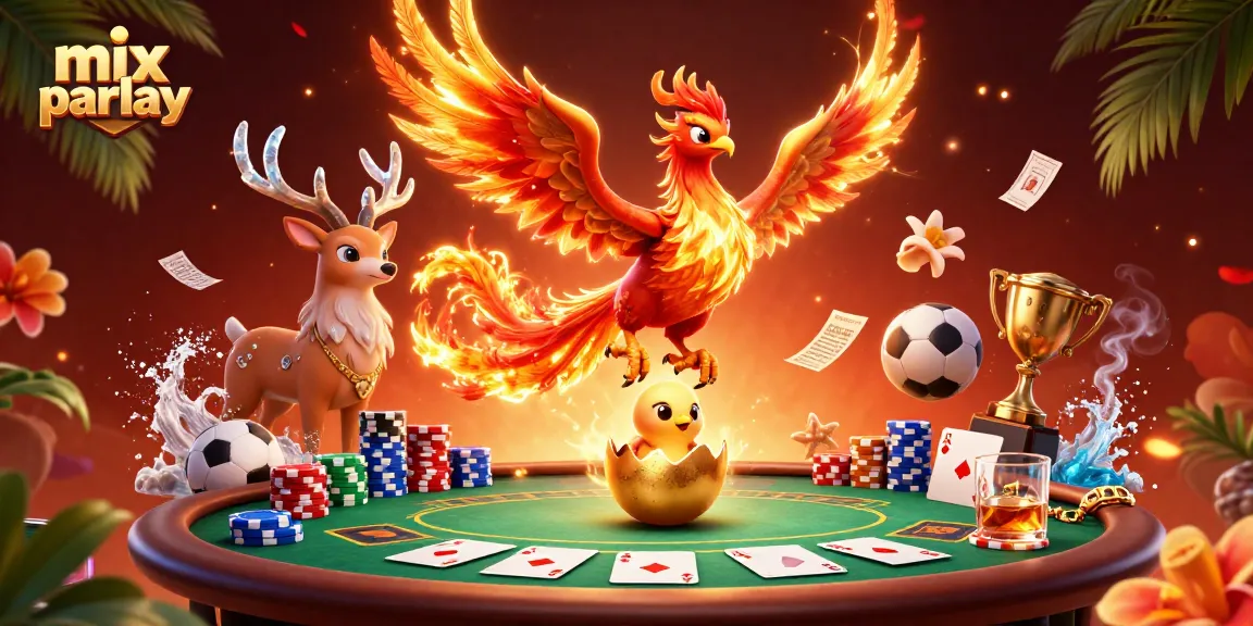 Mix parlay betting illustrated with dynamic sports elements, featuring a phoenix and poker scene.