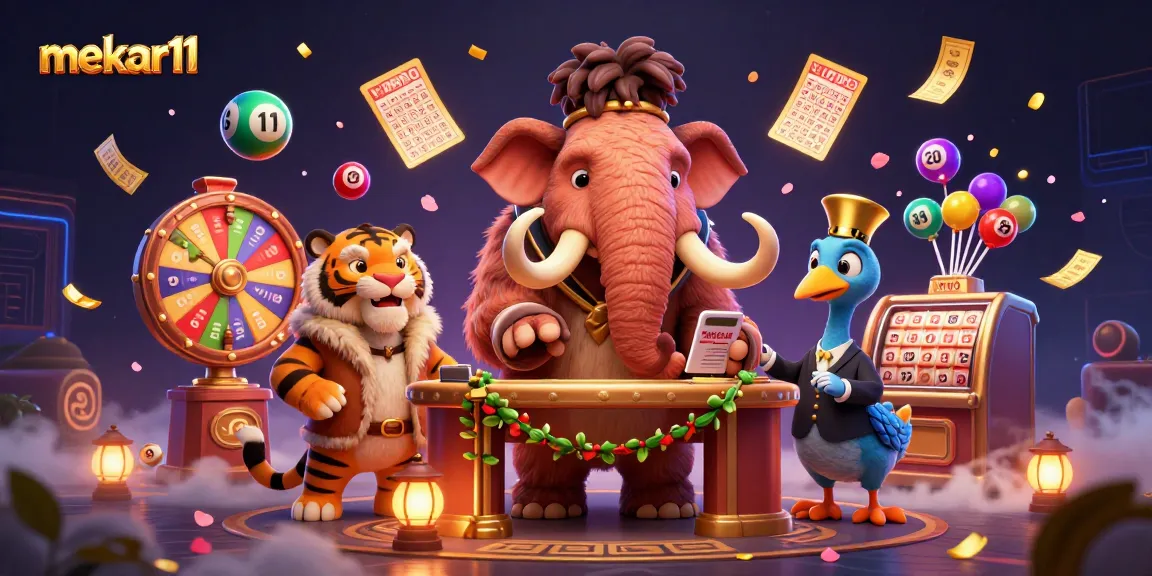 Engage with mekar11 through a vibrant lottery scene featuring unique characters and dynamic games.