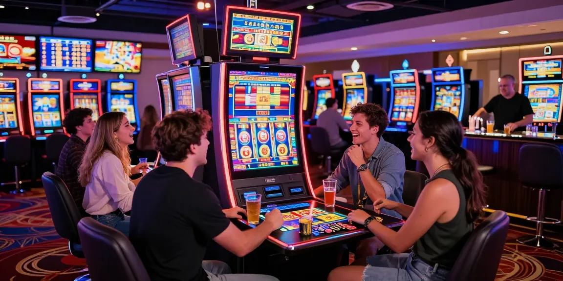 Friends enjoying slot games at a colorful casino, capturing the excitement of spinning reels.
