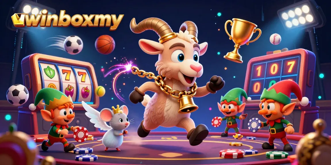 Join the fun at winboxmy with festive casino excitement featuring 3D characters in a lively gaming scene.