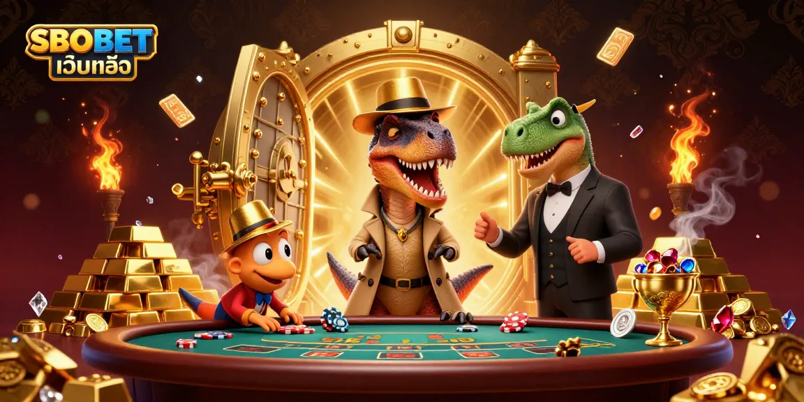 Experience thrilling gameplay with SBOBET เว็บตรง at a lively blackjack table featuring a cartoon velociraptor and friends.