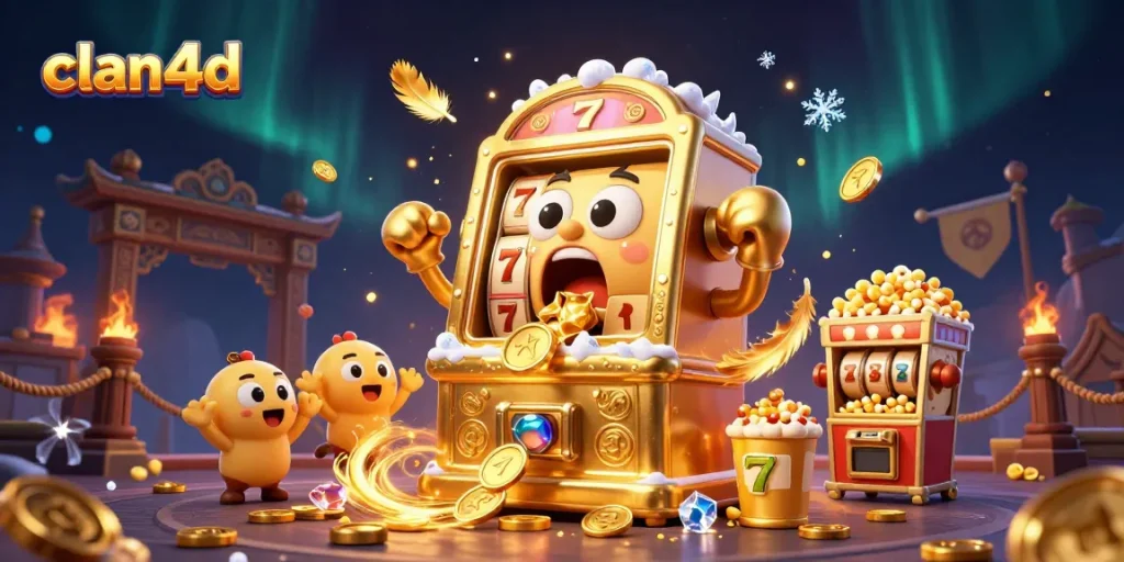Engage with clan4d's golden slot machine hitting a jackpot amid a dazzling casino scene filled with coins and vibrant colors.