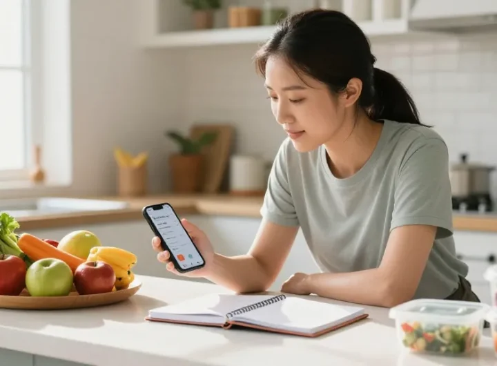 Explore the best calorie tracker app with fresh ingredients and a nutrition coach in an inviting kitchen.
