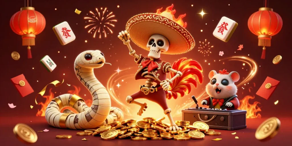 Celebrate at a credit card casino with lively characters, dazzling coins, and festive elements.