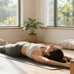 Wellness scene showcasing a woman practicing yoga and rokok88 login essentials for a peaceful lifestyle.