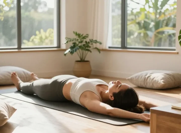 Wellness scene showcasing a woman practicing yoga and rokok88 login essentials for a peaceful lifestyle.